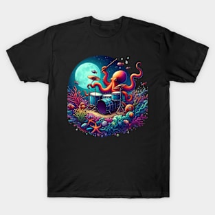 Octopus playing drums Percussive Sea Symphony T-Shirt